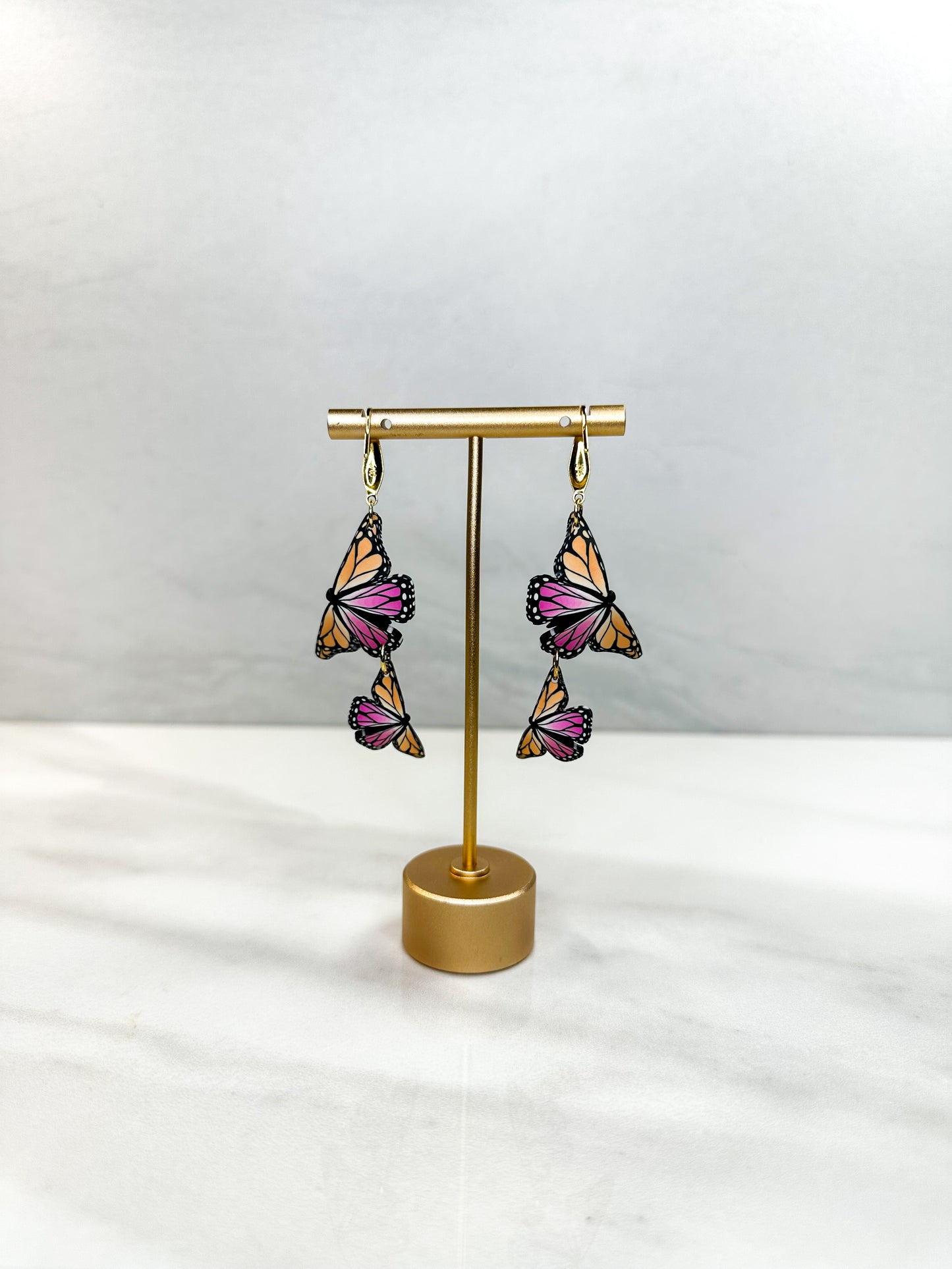 Lesbian Flag Dual Butterfly Earrings, Gold or Silver