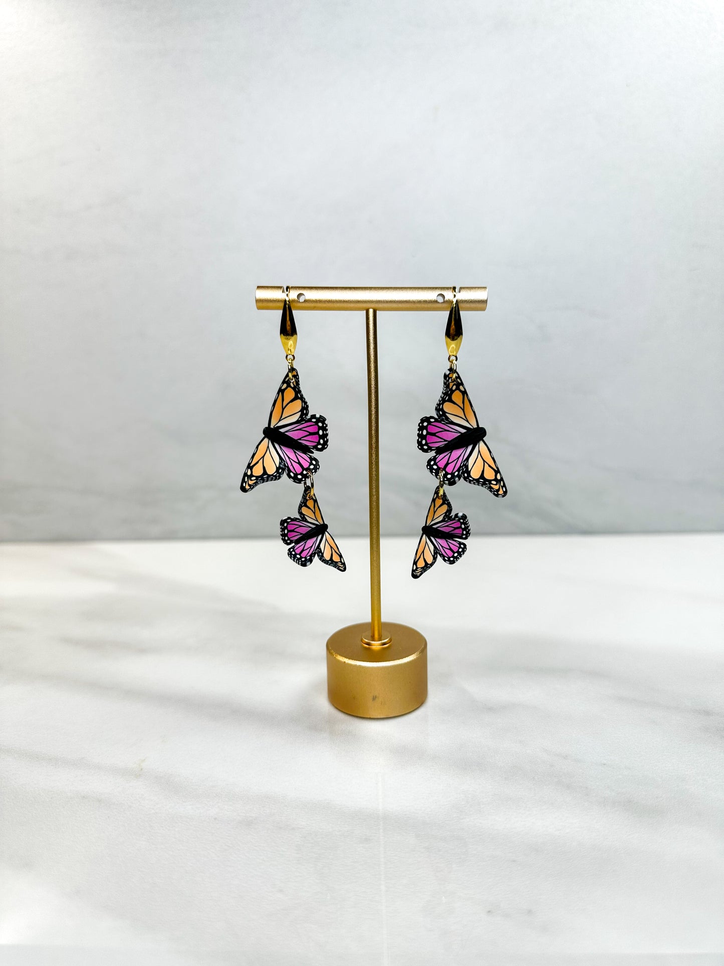 Lesbian Flag Dual Butterfly Earrings, Gold or Silver