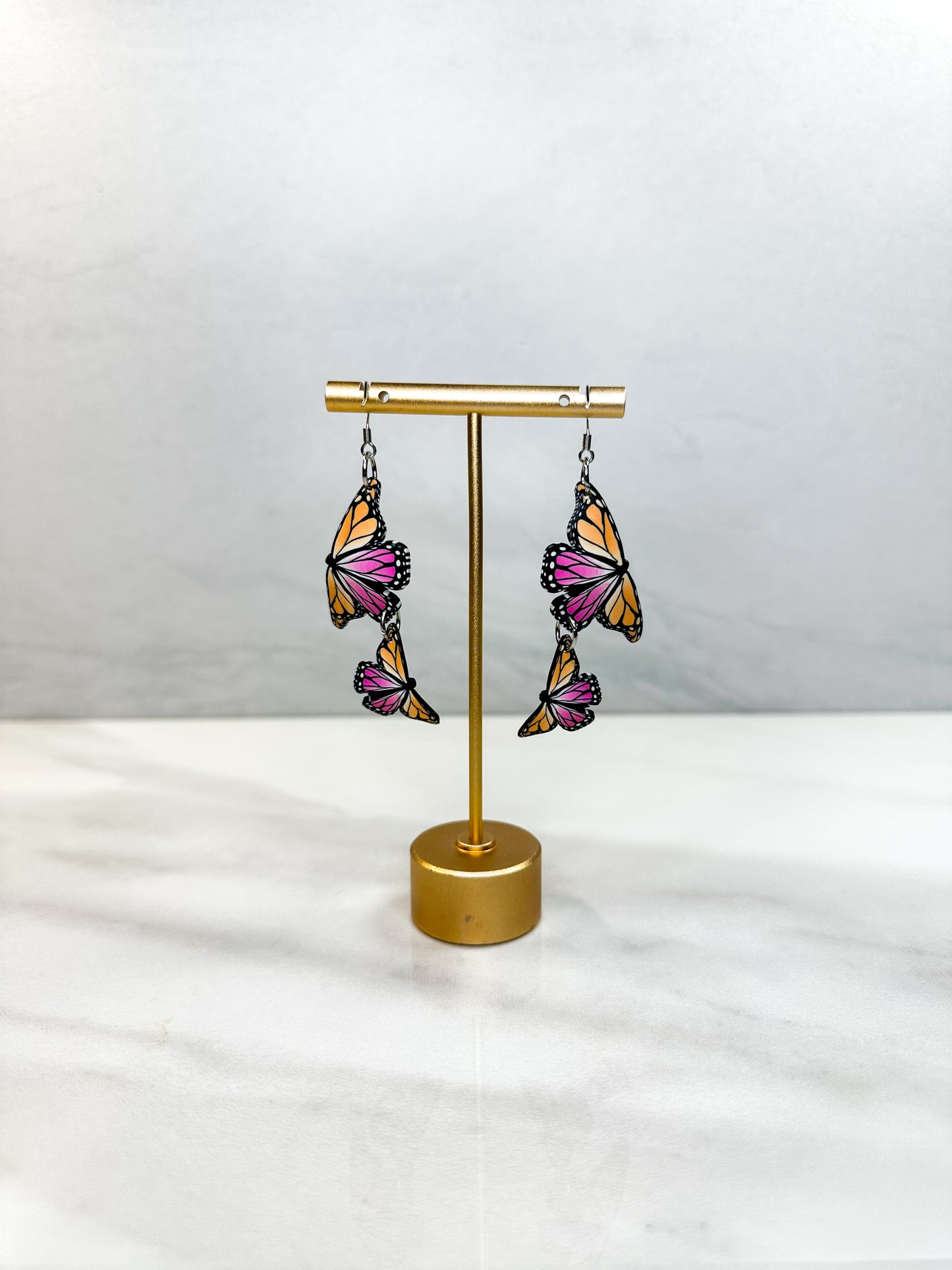 Lesbian Flag Dual Butterfly Earrings, Gold or Silver