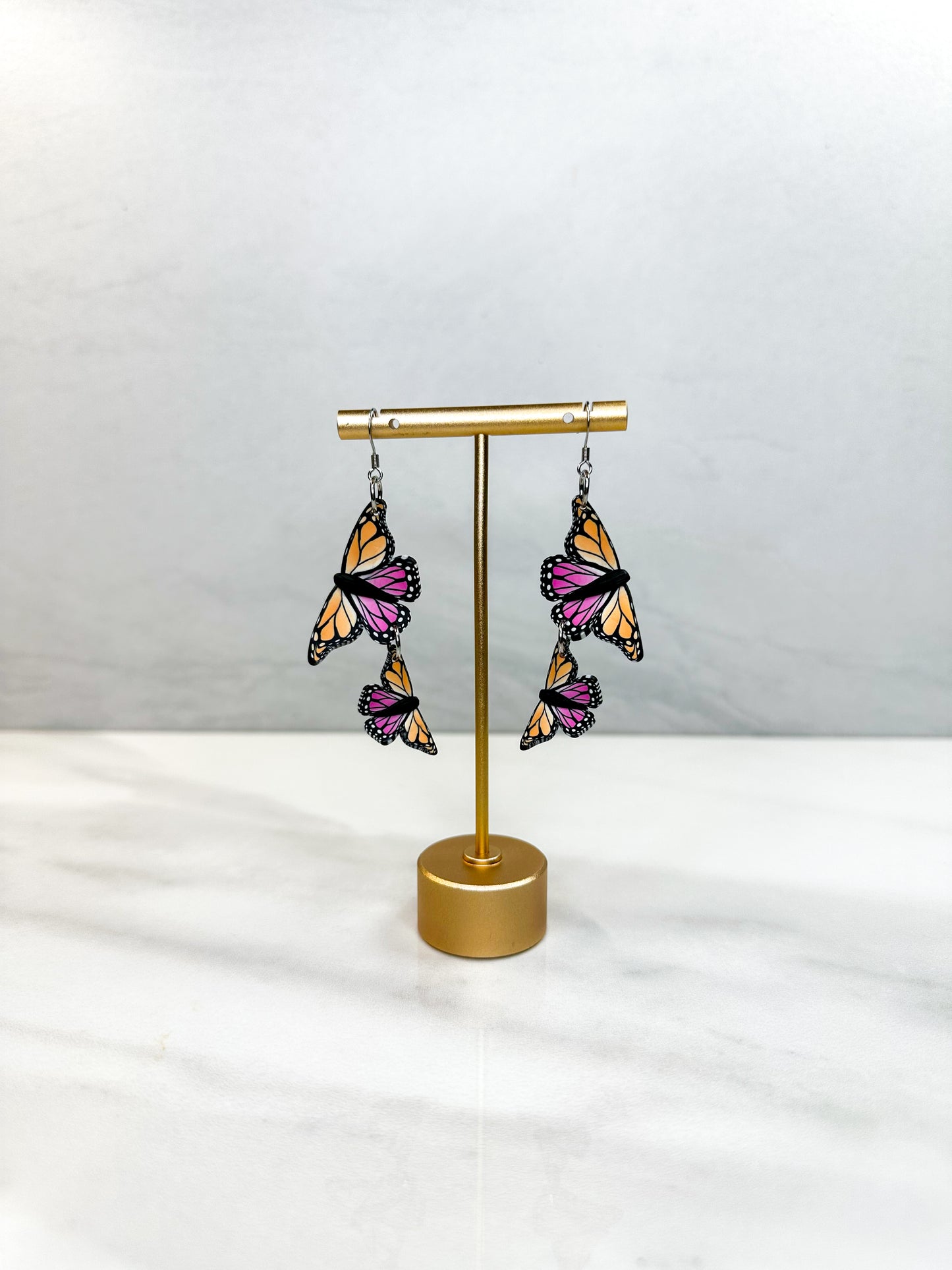 Lesbian Flag Dual Butterfly Earrings, Gold or Silver